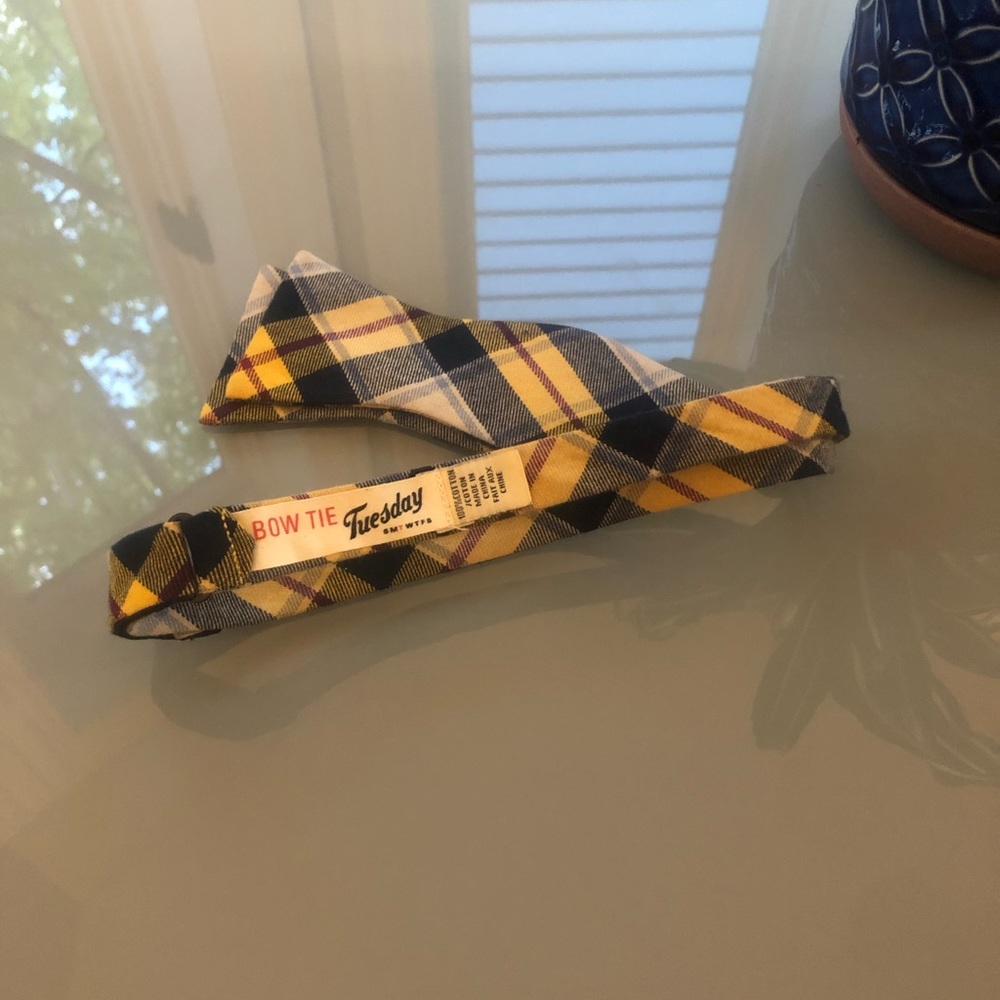 Mens Plaid| BowTie Tuesday Blue and Gold/Self Tie - Picture 3 of 3